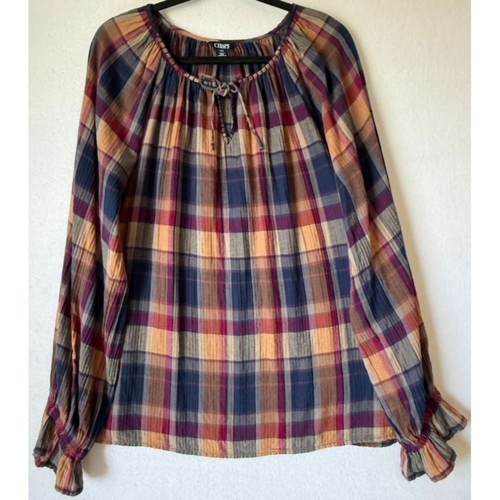 Chaps Blouse Women L Multicolor Plaid Peasant Boho Tie Neck Long Sleeve Cotton